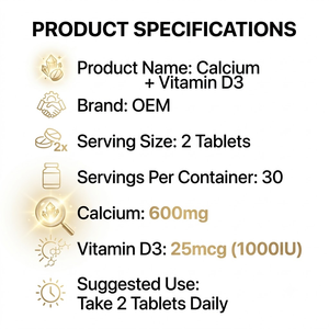 OEM ODM แคลเซียม วิตามินดี3 ชนิดเม็ด 600 มก. 1000IU 60 เม็ด อาหารเสริม แร่ธาตุสมดุล - Product Image 2