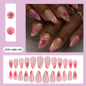 Faux ongles à presser en amande, motif floral en relief, style French élégant, avec colle goutte à goutte, amovibles, pour manucure, fêtes, usage quotidien et DIY - Product Image 2