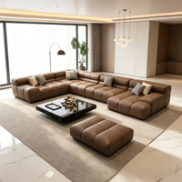 Ensemble de canapé sectionnel en forme de L avec ottoman, tissu marron, design moderne, structure en bois, canapé-lit pour salon
