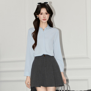 Peter Pan Collar Long Sleeve Shirt Solid Color <b>Polyester</b> Women's Blouse Everyday Wear - Product Image 1