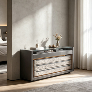 Commode de luxe en verre avec cadre entièrement recouvert de cuir, design lumineux à LED, dessus en verre trempé, armoire de rangement pour hôtel et villa - Product Image 1