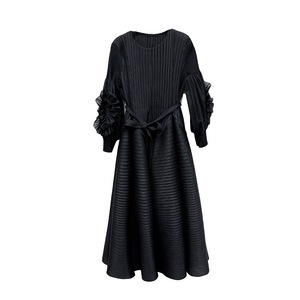 Robes élégantes Miyake plissées de couleur unie, manches longues en forme de fleur tridimensionnelle, <span class=keywords><strong>grande</strong></span> <span class=keywords><strong>taille</strong></span>, robe de bureau décontractée pour les fêtes - Product Image 4