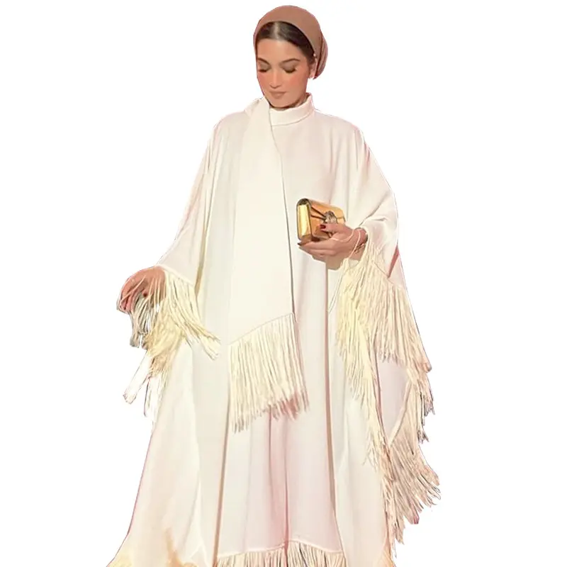 2024 NEWスタイルエレガント無地イスラム少女イブニングパーティータッセル装飾カフタンイスラム教徒女性着物