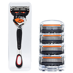 Rasoir manuel à 5 lames, manche orange et noir, avec cartouches de rechange pour le rasage des hommes - Product Image 1