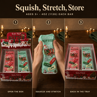Jouet à presser en caoutchouc souple à récupération lente en forme de bâton de beurre, thème Noël, anti-stress, boîte de 12 pièces, couleurs rouge, menthe, vert, blanc