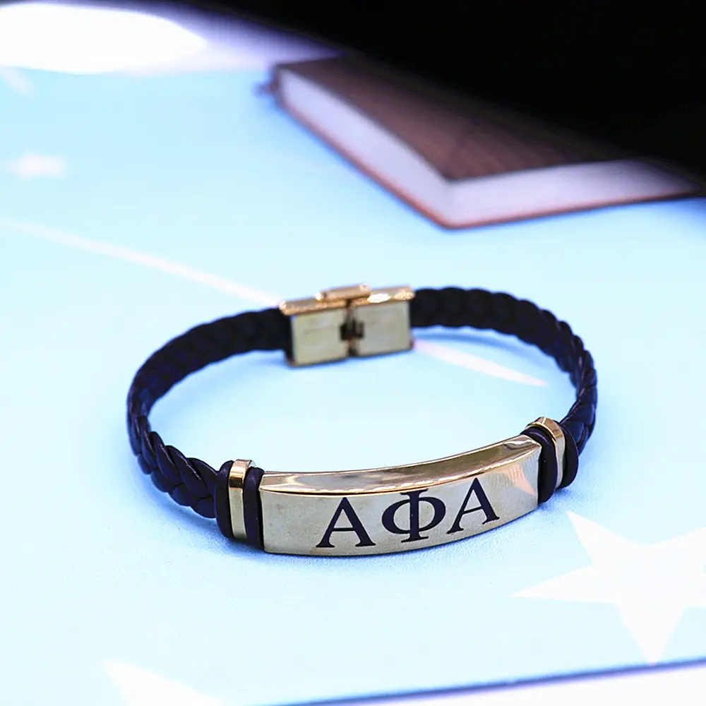 New Design Stylish Black Leather Stainless Steel Gold Band Engraved Men Society Club Greek Letter Alpha Psi Fraternity Bangles