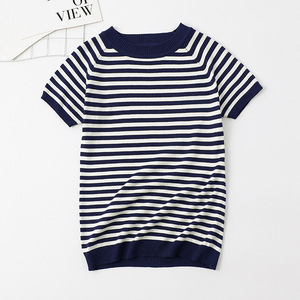 Maglione lavorato a maglia da donna, <span class=keywords><strong>pullover</strong></span> estivo sottile, t-shirt a maniche corte a righe bianche e nere - Product Image 4