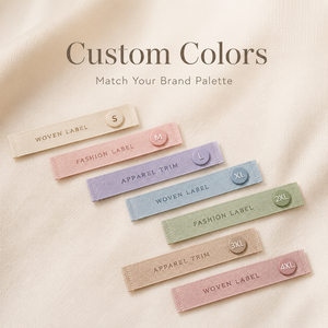 Etichette tessute personalizzate colore Morandi, etichette di taglia personalizzate per abbigliamento con segnalazione rotonda della taglia per cucito OEM ODM - Product Image 4