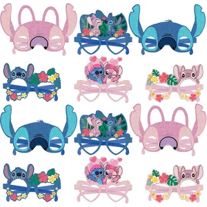 Recién llegado, 12 Uds., gafas de fiesta de papel Stitch y Lilo, decoración de cumpleaños, máscaras de cumpleaños, recuerdos de fiesta, utilería para fotomatón a la venta