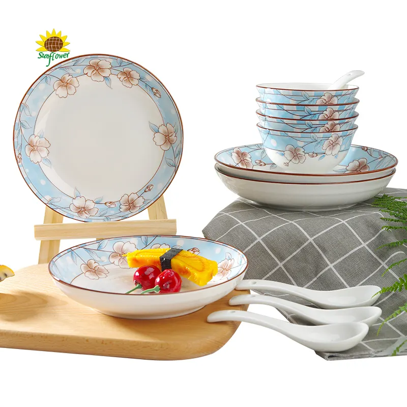 Set piring keramik gaya Nordic, warna campuran kreatif piring makan rumah tangga set piring mangkuk mie porselen