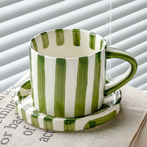 Moderna Tazza <span class=keywords><strong>da</strong></span> Cappuccino in Ceramica <span class=keywords><strong>da</strong></span> 280ml con Manico e Piattino, Set di Tazze e Piatti a Righe per Latte, di Grande Successo - Product Image 4