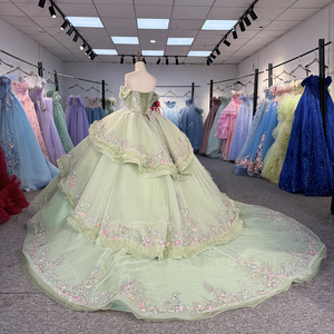 Robe de bal longue vert sauge avec appliques de sequins et taille naturelle Dy6921 - Product Image 4