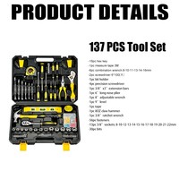 Ensemble d'outils ménagers de 137 pièces, kit d'outils à main en acier au carbone avec étui rigide, tournevis, clé à cliquet, embouts pour réparation