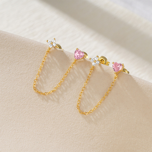 ROXI Minimalist 925 Sterling Silver pink Heart Inlaid Zircon <b>Chain</b> Tassel <b>Earrings</b> for Women S925 - Product Image 3