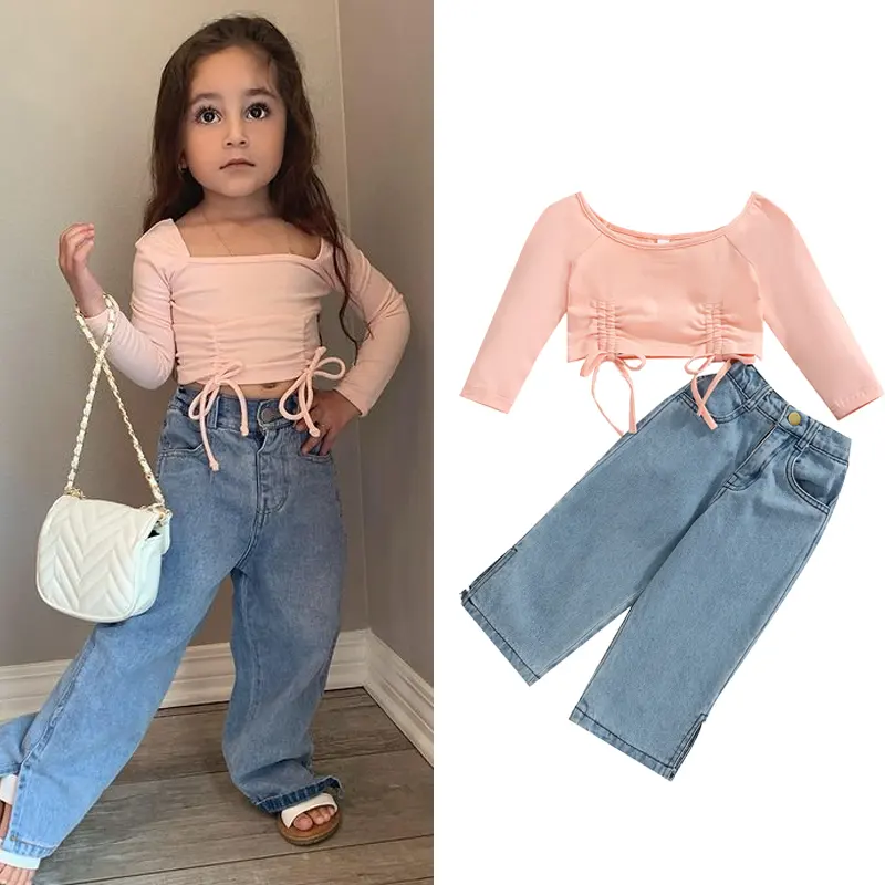 Set Pakaian Anak-anak Perempuan Musim Semi Musim Panas Baru Populer Kaus Lengan Panjang Bahu Terbuka Solid Atasan Celana Denim Set Dua Potong