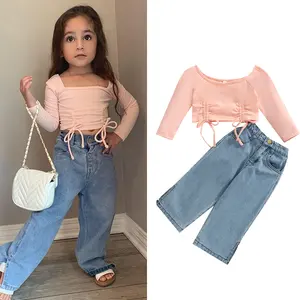 Hot New Spring Summer Kids Girls Clothes set Solid Off spalla manica lunga t-shirt top pantaloni in Denim set di due pezzi
