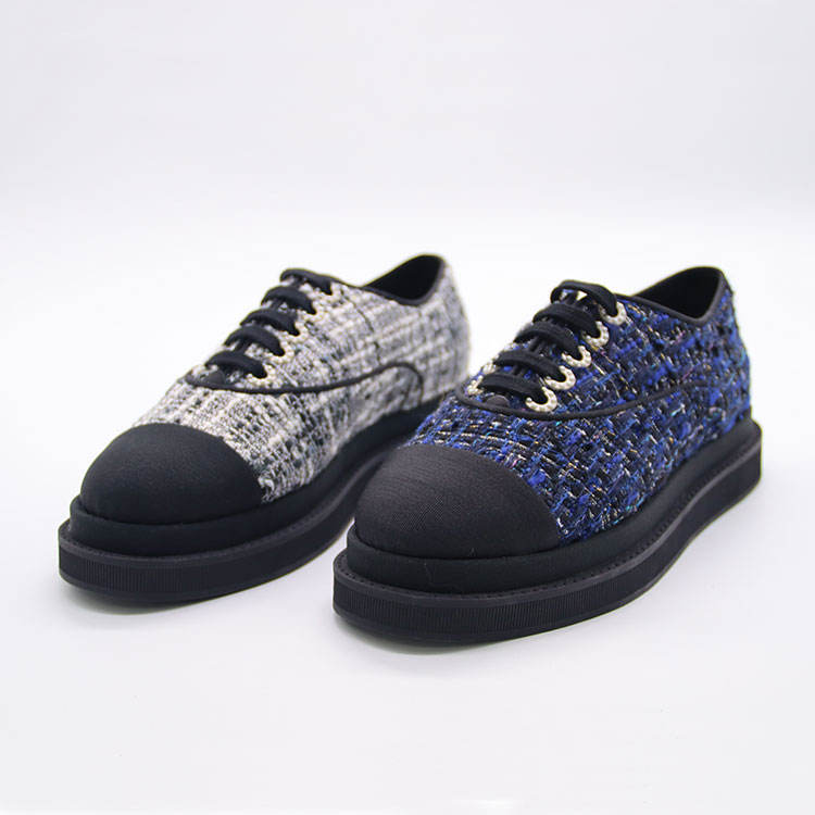 Trendy Ladies Platform Loafers Shoes Lace up Tweed Upper Cow