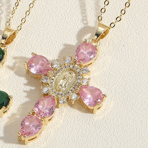 Classical Micro Pave Pink Diamond Cross Pendant Necklace With Virgin Mary Multi Colors Cubic Zirconia Cross Necklaces - Product Image 1