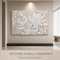 Art mural floral moderne en relief de protée blanche, toile texturée peinte à la main pour la décoration minimaliste du salon