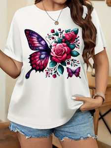 T-shirt da donna taglie forti con stampa floreale a farfalla, a maniche corte, girocollo, casual, comoda, 100% cotone, per tutte le stagioni - Product Image 3