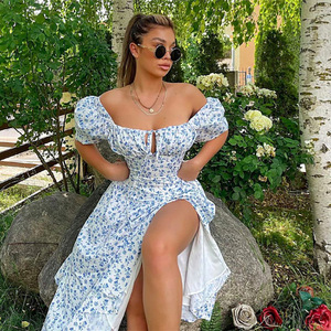 Vestido de Mujer con Cuello Cuadrado y Estampado Floral, Mangas Abullonadas, Falda con Estructura de Espina de Pescado, Casual, Sexy y Elegante, Largo Midi-Maxi para Vacaciones de Verano y Tardes de Té - Product Image 2