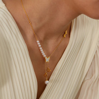 À la mode 18K Plaqué Or Non Terni Perle Papillon Charme Pendentif Collier En Acier Inoxydable Bijoux pour Femmes Conception Réglable
