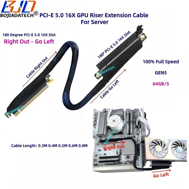180 Degree GEN5 PCI-E 5.0 16X to X16 GPU Riser Cable 40CM 50CM 60CM 80CM for AI Server RTX5090 AMD9070XT A100 H100 Graphics Card