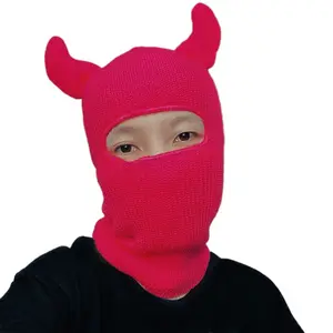 Wholesale Custom Logo Halloween Party Full Face Devil Horns Knit Balaclava Ski Mask