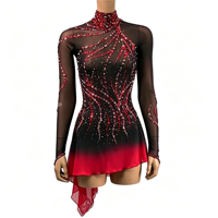 Robe de patinage artistique à manches longues avec découpe au dos, dégradé noir et rouge orné de strass, en tissu mesh pour compétition et spectacle sur glace (adultes et enfants)