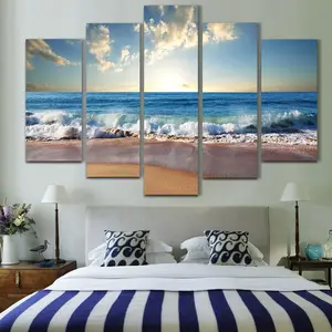 高清打印模块化帆布画家居装饰天蓝色海滩风景打印墙艺术绘画