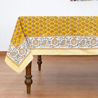 Nappe en coton pur imprimée motif botanique ivoire avec bordure rayée pour salle à manger rustique et décoration intérieure