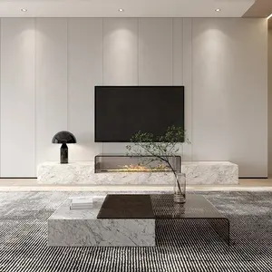 Modern <strong>White</strong> Marble <strong>TV</strong> <strong>Stand</strong> with Tempered Glass Top and Fireplace for Living Room Hotel &amp; Apartment Use - Product Image 1