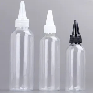 Aplicador de cabelo vazio para apertar, bico de óleo de cabelo transparente PET, bico de plástico com tampa de boca pontiaguda, garrafas de plástico
