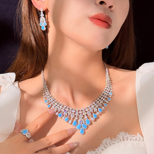 Luxury Women's Bridal Wedding <strong>Costume</strong> Accessories Cubic Zirconia Pearl Necklace Earrings and Gold Plate Ring Set - Product Image 2