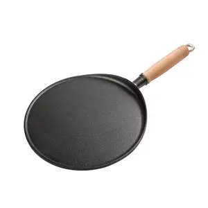 Skillet Non Stick Fry Pan Thin Pancake Pan Pizza Platter Pan Whole Cast Iron Minimalist Accept Customized Logo 1 Wooden Handle