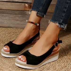 European American Sandals Foreign Trade 2025 New Style Bow <strong>Wedge</strong> Heel Casual Women's Shoes Peep Toe Design - Product Image 5