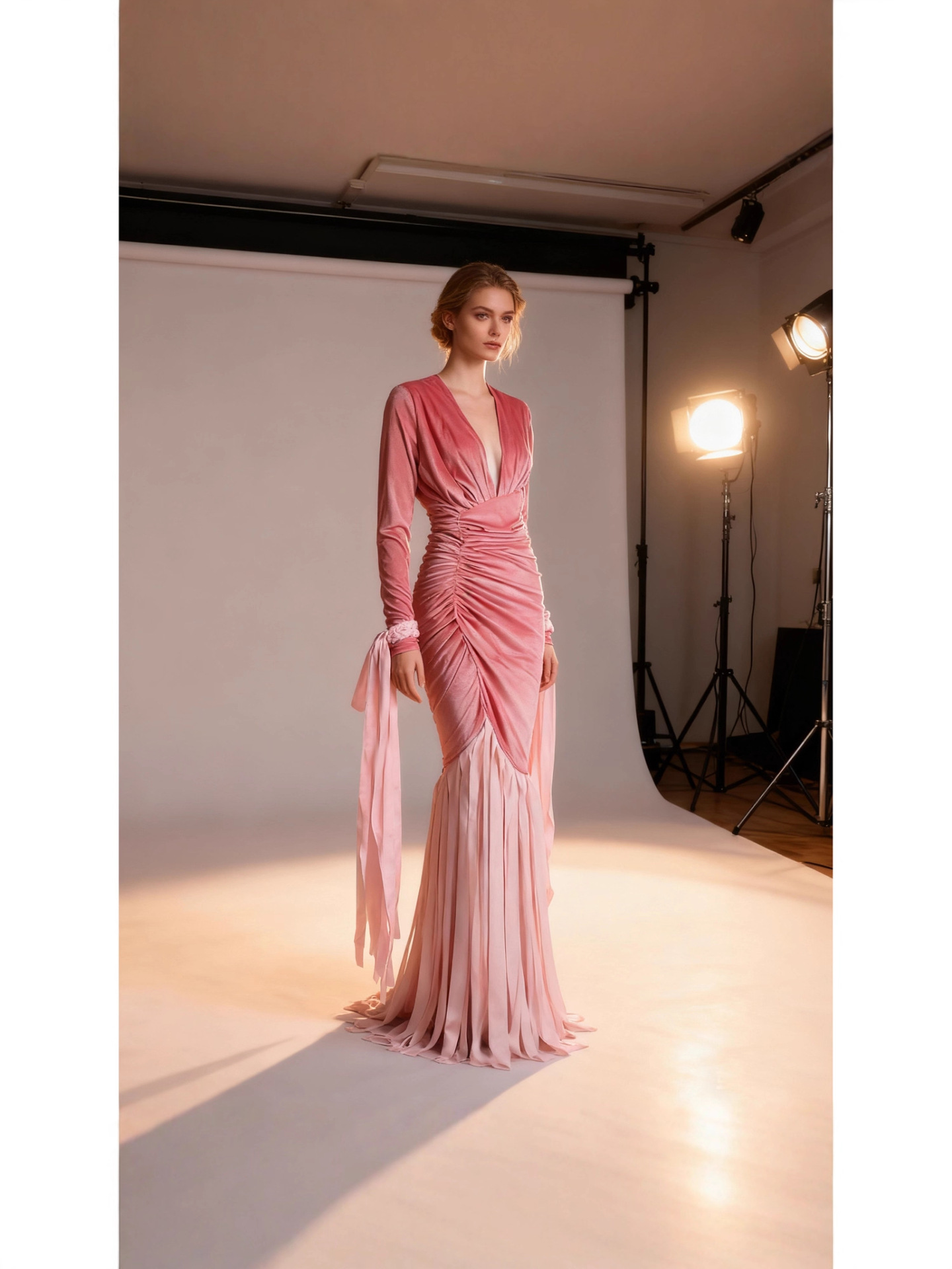 chinese dress ladies Chic Dusty Pink Long Sleevess Lace Appliques New Arrival High Split Sequined Long Prom Gowns main image 1