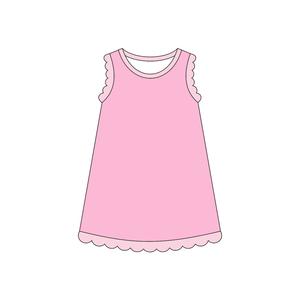 Robe d'été personnalisée pour bébé fille GSD4045, cyan uni, imprimé festonné rose, sans manches, respirante, longueur genou, vente en gros pour enfants - Product Image 2