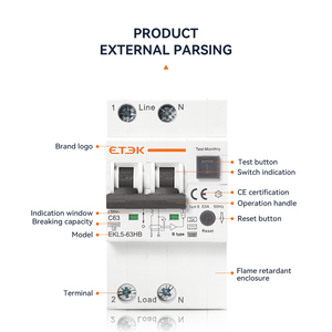ETEK タイプB RCBO <span class=keywords><strong>2P</strong></span> 32A/40A/63A 30mA トリッピングカーブC 1P+N RCBO漏電遮断器 電流漏れ保護機能付き モデルEKL5-63B - Product Image 1