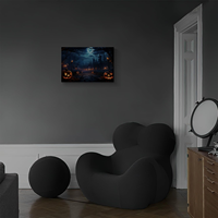 Impression sur toile encadrée sur le thème de l'Halloween : Château de citrouille sombre, chauve-souris au clair de lune et citrouille lumineuse, pour décoration murale et intérieure