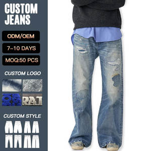 <span class=keywords><strong>Vaqueros</strong></span> de hombre de mezclilla <span class=keywords><strong>con</strong></span> lavado a la piedra, efecto desgastado y <span class=keywords><strong>con</strong></span> pelusas, de pierna ancha, patchwork, retro, corte bootcut y acampanados - Product Image 1