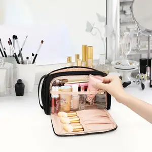 Custom Logo Makeup Bag Cosmetic Bag for Women 2-in-1 Portable Drawstring Travel Makeup Bag for Girls Large Pu+Nylon