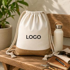 Custom Cotton Canvas Drawstring <b>Bag</b> with Jute Bottom Two-Tone Braided Rope Backpack for Gym Sports Travel Outdoor Activities - Product Image 3