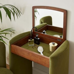 Juego de tocador esquinero de terciopelo vintage, compacto, de madera, <span class=keywords><strong>con</strong></span> <span class=keywords><strong>espejo</strong></span> oculto y taburete para espacios pequeños - Product Image 5