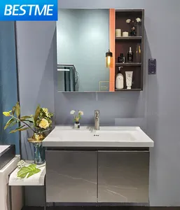 Yeni tasarım Modern duvara monte lavabo banyo lavabo Vanity kabine paslanmaz çelik raf banyo dolabı