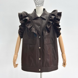 Veste en cuir marron foncé <span class=keywords><strong>sans</strong></span> manches, veste en cuir avec épaules à volants, un choix parfait pour les tenues décontractées - Product Image 2