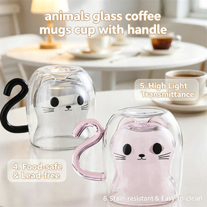 Accessoires pour boissons : Tasses à café, thé, lait en <span class=keywords><strong>verre</strong></span> borosilicate à double paroi, avec poignée en forme <span class=keywords><strong>de</strong></span> <span class=keywords><strong>queue</strong></span> <span class=keywords><strong>de</strong></span> chat mignonne, résistantes à la chaleur et isolées - Product Image 6