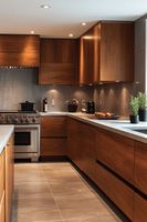 Cuisine modulaire en forme de L en placage de noyer de qualité supérieure 2026, style élégant, évier, robinet antique, espace de cuisine moderne