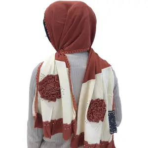 高品质时尚雪纺绣花头巾女装蕾丝串珠穆斯林围巾