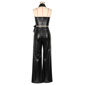 <b>Sexy</b> PU Leather Sleeveless Halter Top Leather Pants Ladies Two Piece <b>Set</b> Fashion - Product Image 6